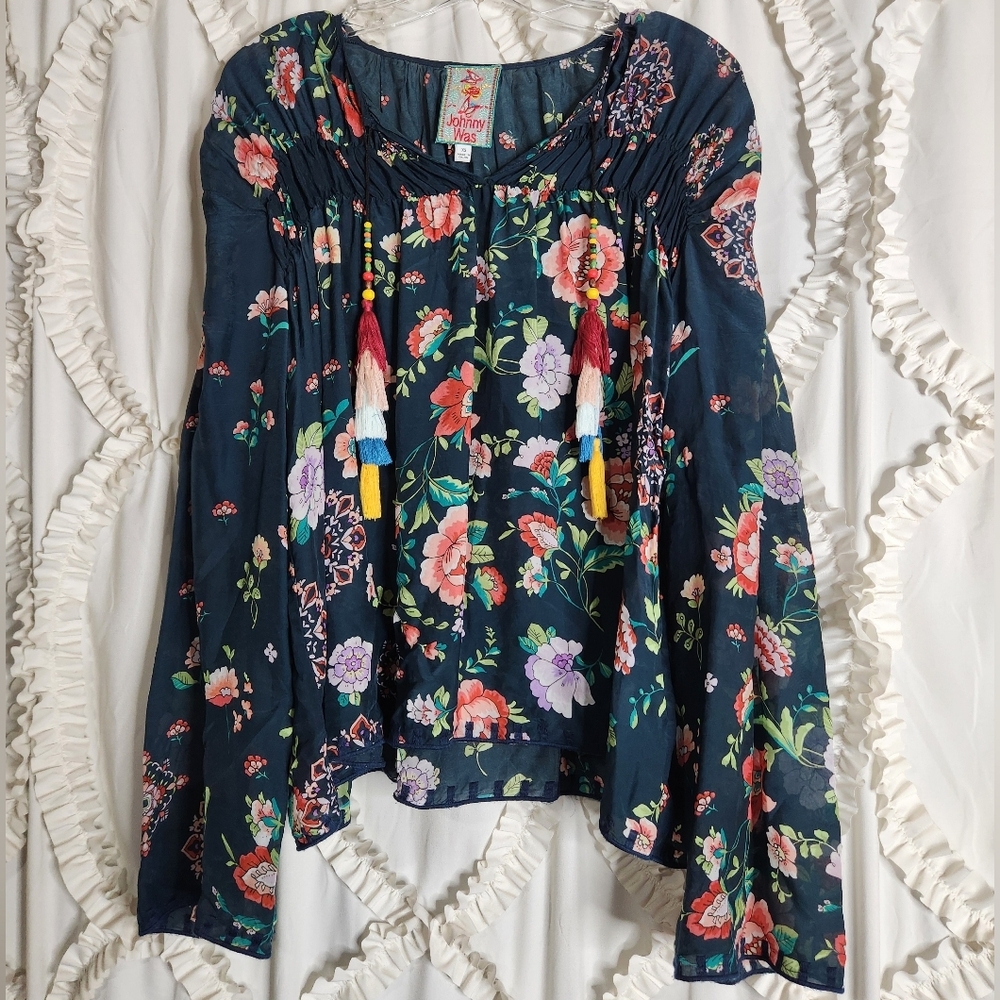Johnny Was Harley Floral Boho Chic Long Sleeve Top Colorful Tassels Sz XS - Picture 2 of 8
